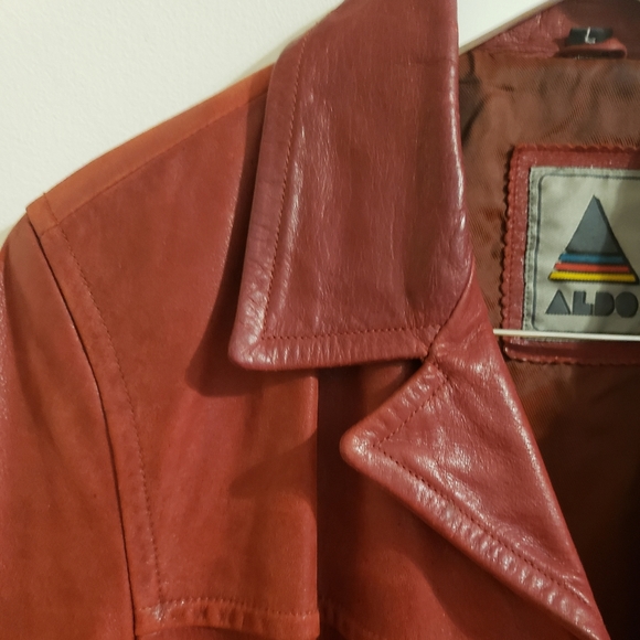 Aldo Vintage Leather Retro Red Semi Trench Lined Coat Boho Woman Large - Picture 5 of 16